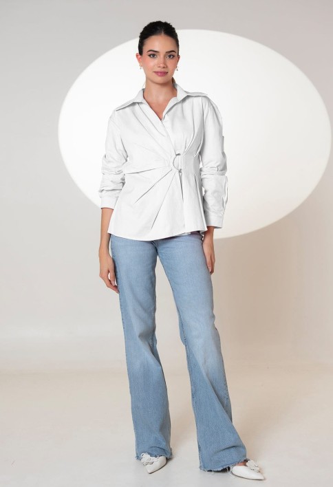 Cinched Waist White Cotton -Shirt